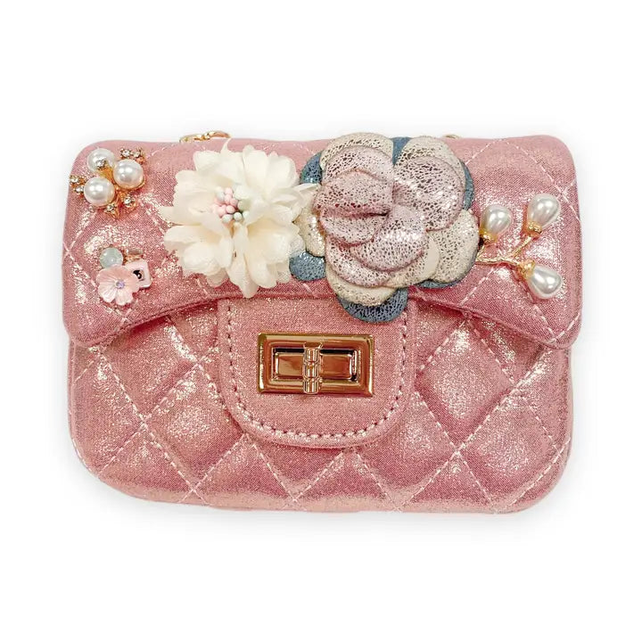 Girls' Floral Appliques Metallic Quilted Purse