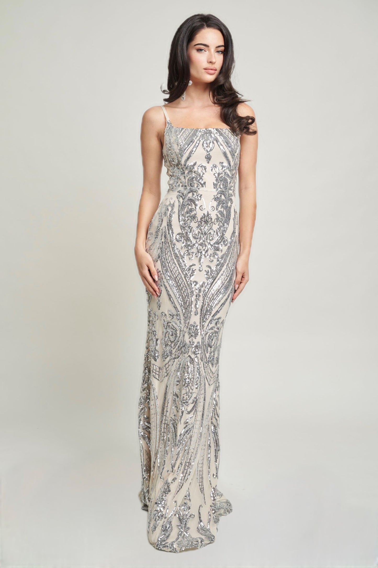 Square Neck Contrast Sequin Spaghetti Strap Gown