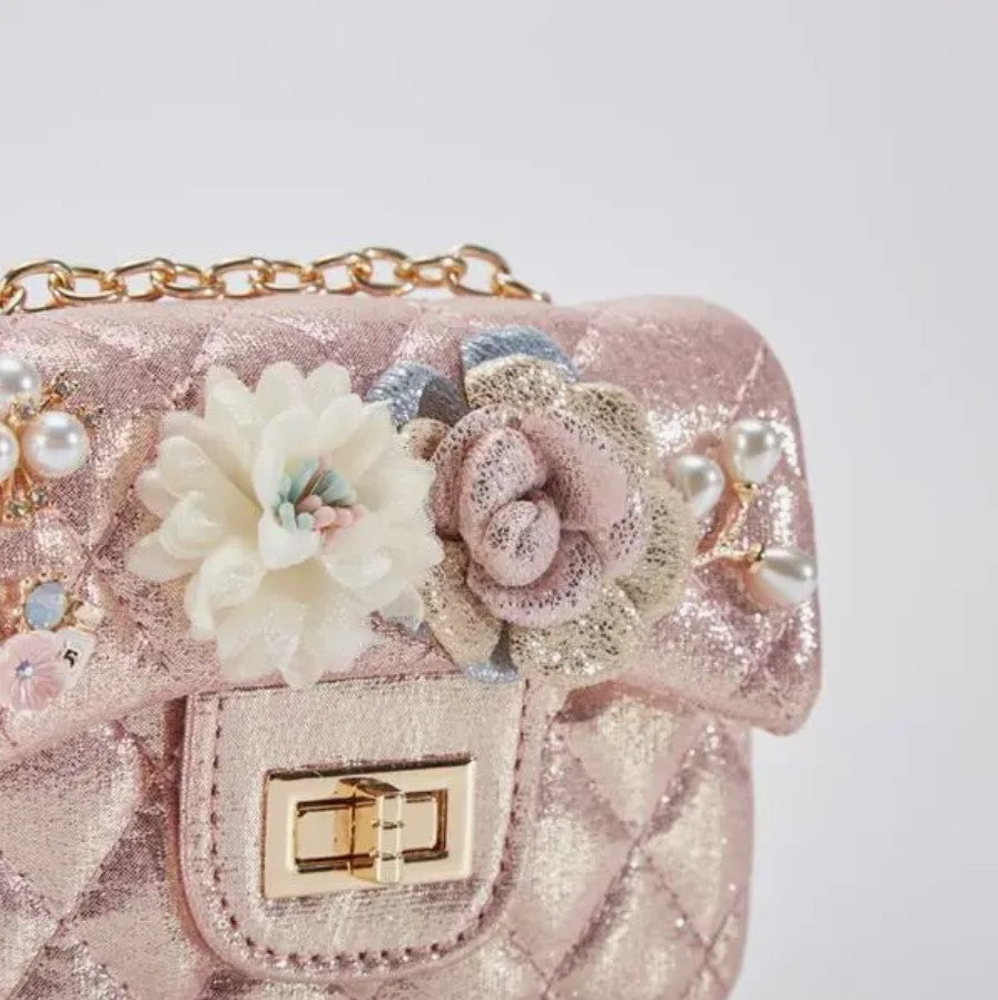 Girls' Floral Appliques Metallic Quilted Purse