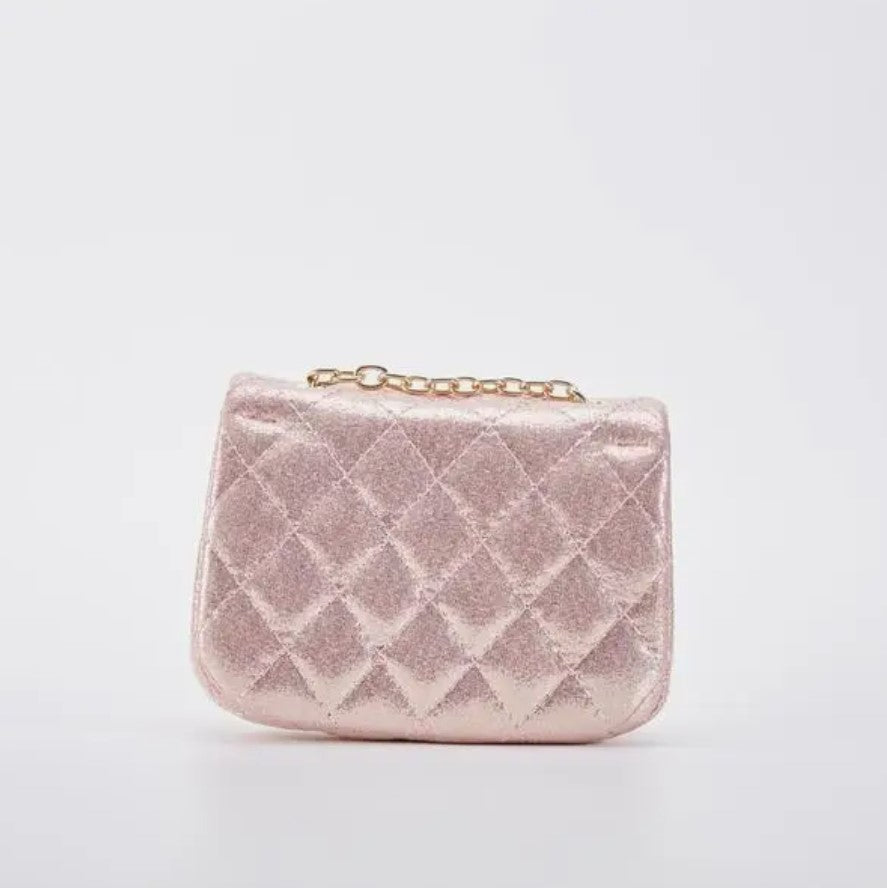 Girls' Floral Appliques Metallic Quilted Purse