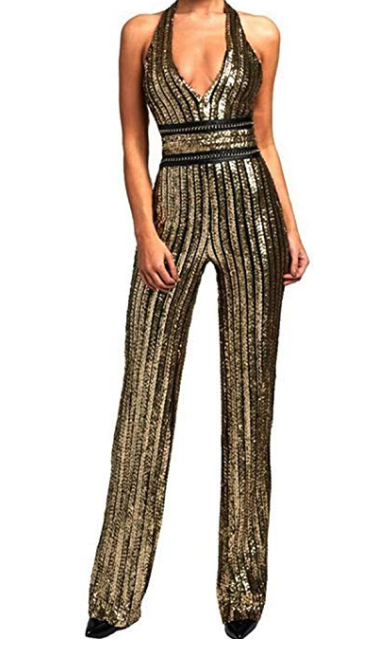 Deep V Backless Jumpsuit Gold Sequin