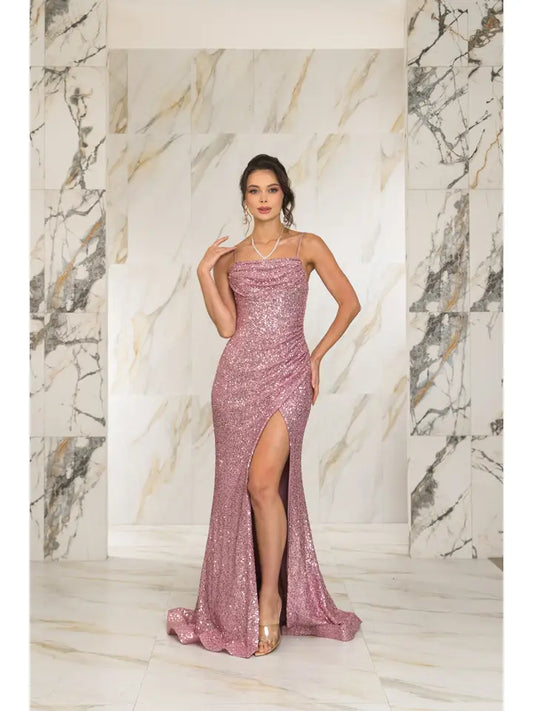Spaghetti Strap Drape Neck Sequin Gown