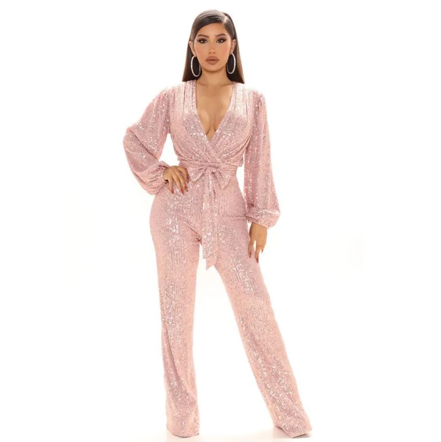 V-Neck Allover Sequin Jumpsuit