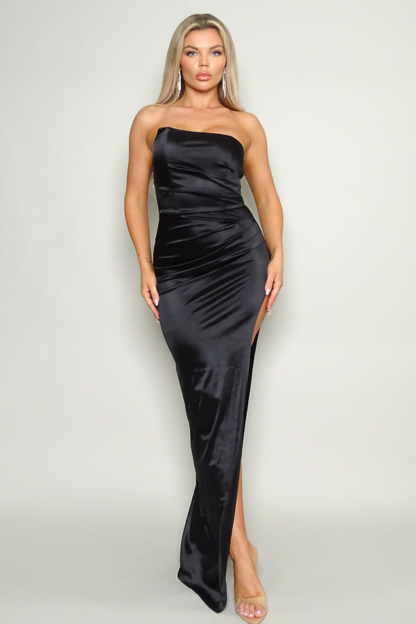 Black Satin Side Pleated Gown w/High Slit