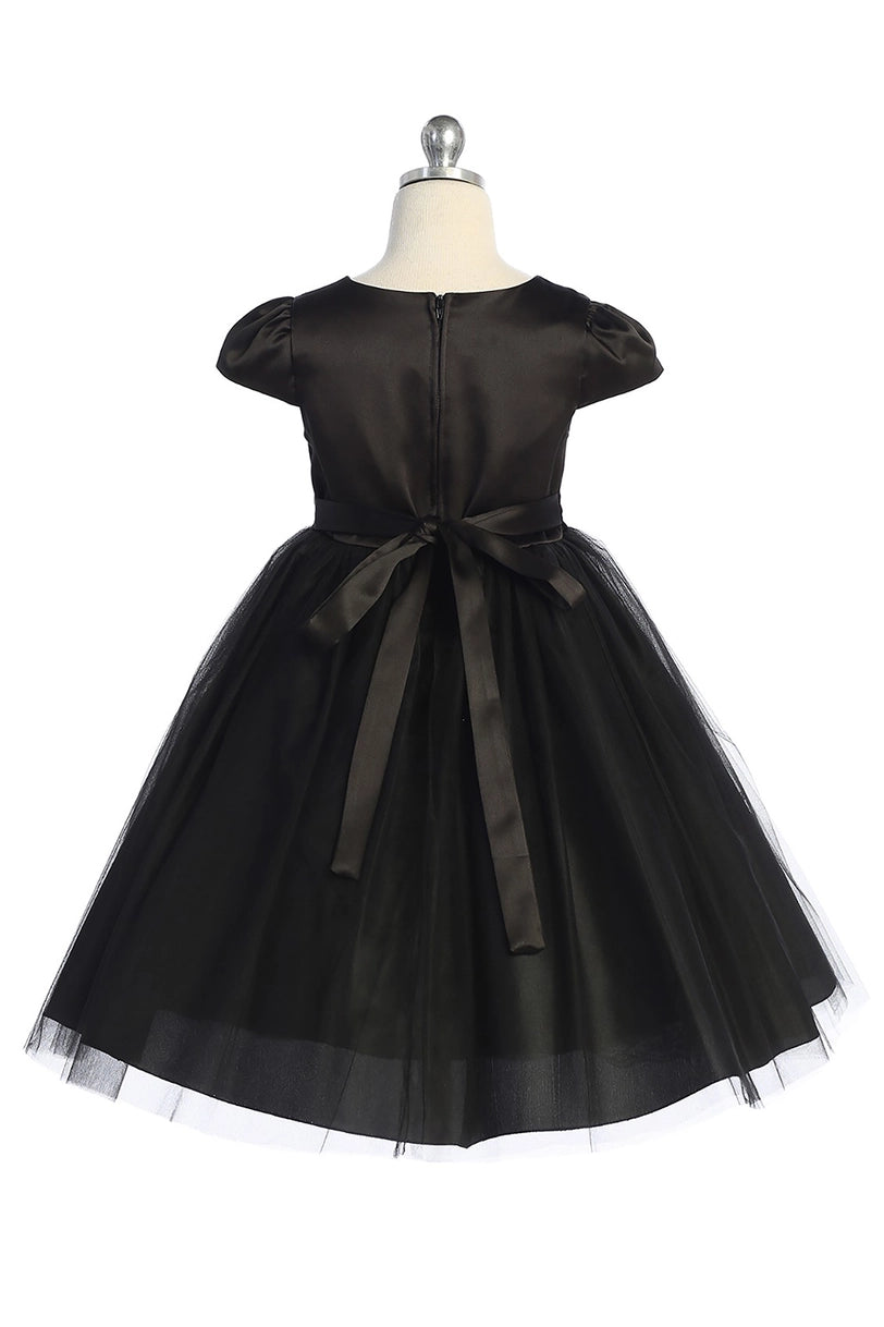 Girls black satin capped sleeve dress with rhinestone waist belt - back view on mannequin