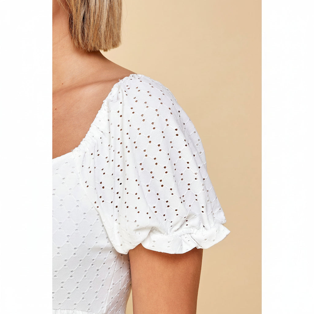 White Eyelet Babydoll Dress Plus Size | Sweetheart Neckline & Puff Sleeves