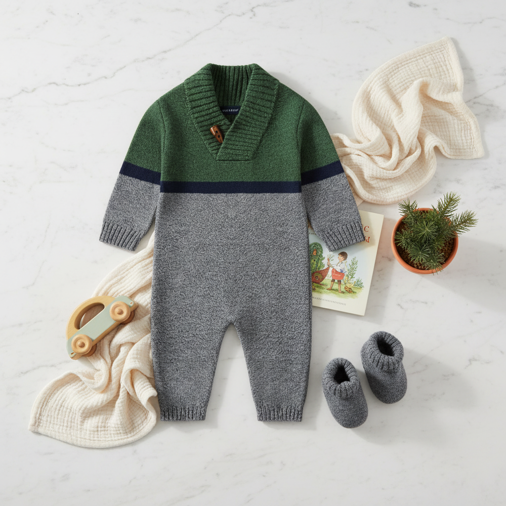 Baby boy green and gray sweater knit coverall with booties styled in flat lay with wooden toy car, evergreen sprigs, and cream blanket - premium gift set