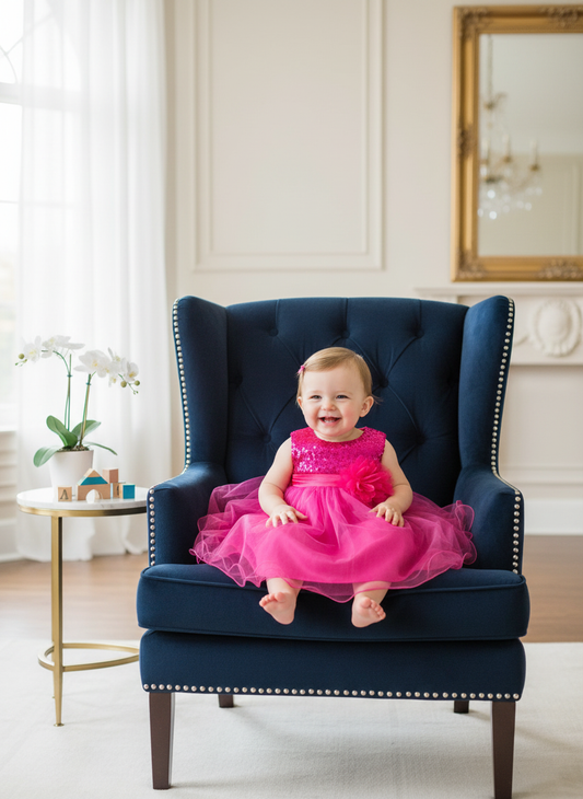 Baby girl in hot pink sequin party dress sitting on elegant velvet furniture