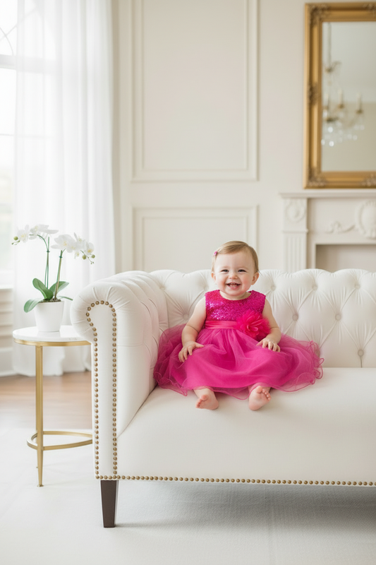 Baby girl in hot pink sequin party dress sitting on elegant velvet furniture