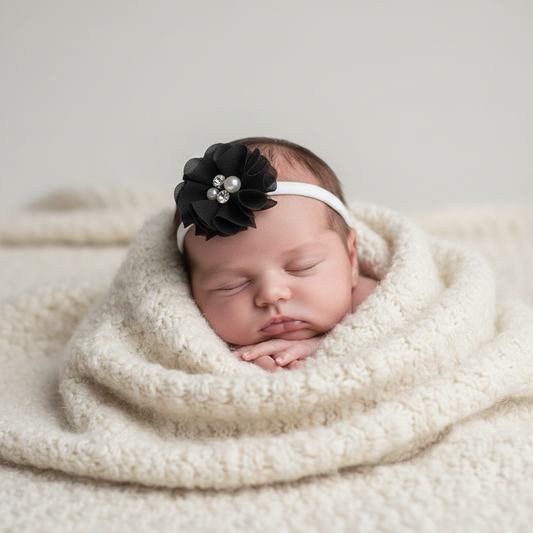 Baby wearing your black tulle flower headband on a soft blanket with neutral tones