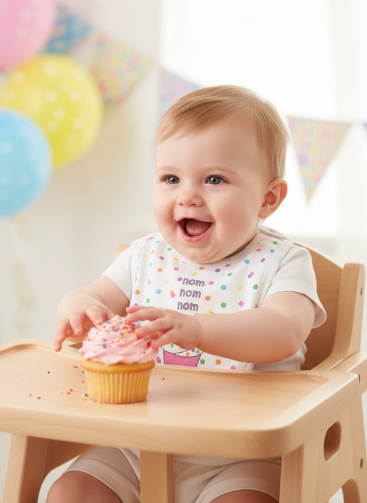 Baby wearing cupcake bib with real cupcake