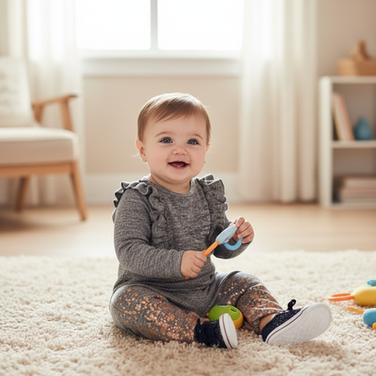 Baby girl wearing gray sweater coverall with shimmering glitter legs and ruffle shoulders in natural setting