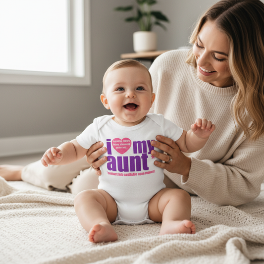 Baby wearing white "I Love My Aunt" onesie with purple text and pink heart, sitting with aunt in warm natural lighting