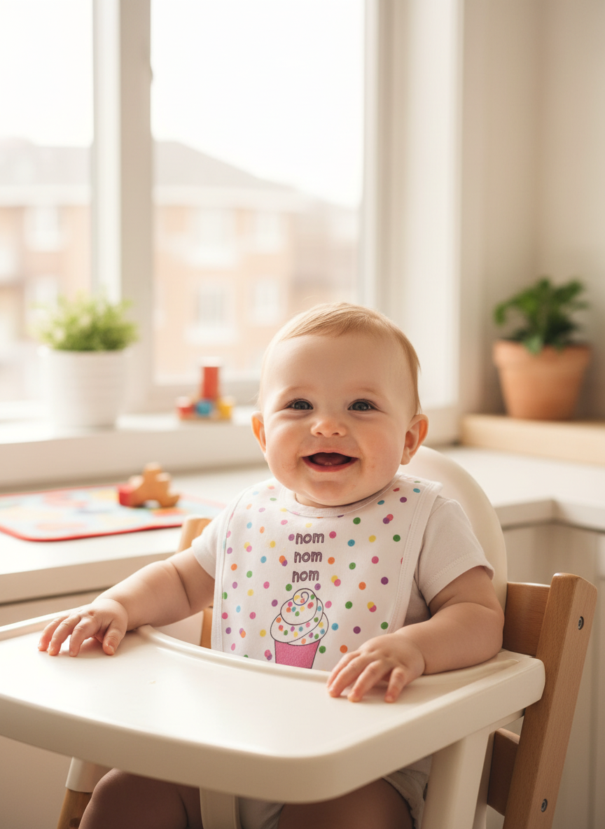 Baby wearing nom nom nom cupcake bib