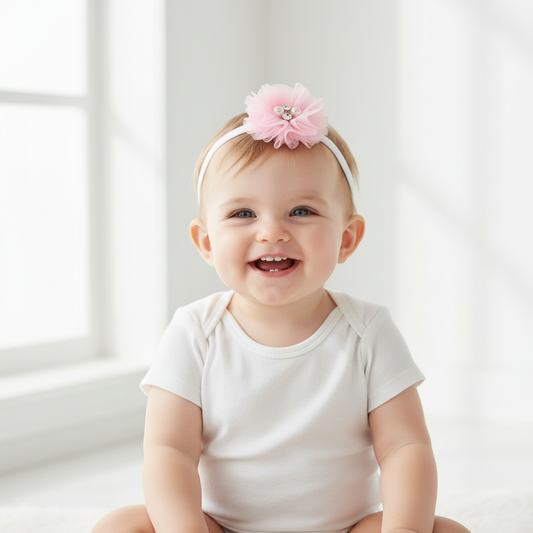 Baby wearing your pink tulle flower headband with natural light and clean background