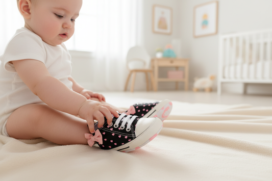 Baby sitting in nursery wearing black canvas sneakers with pink hearts and bow, reaching down to touch shoes with natural window light