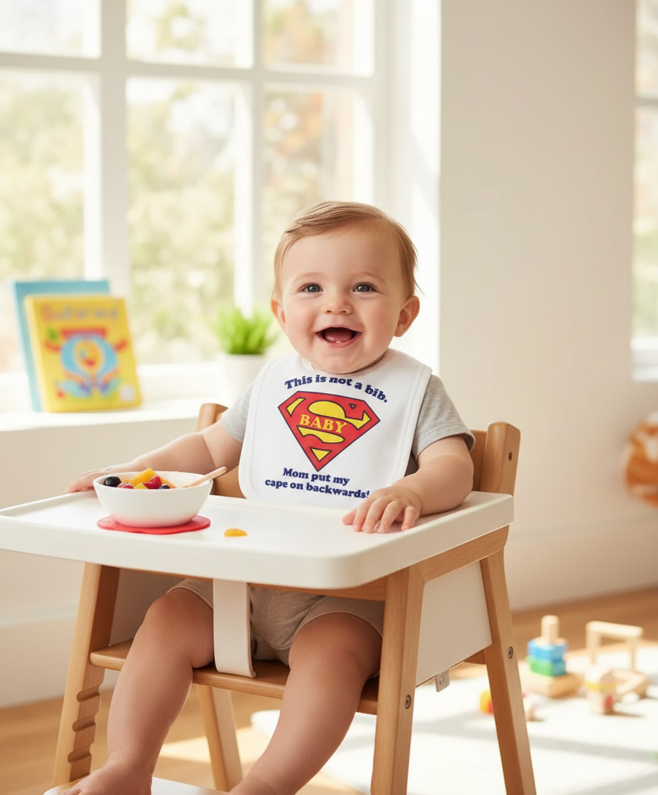 Baby wearing Super Baby cape bib