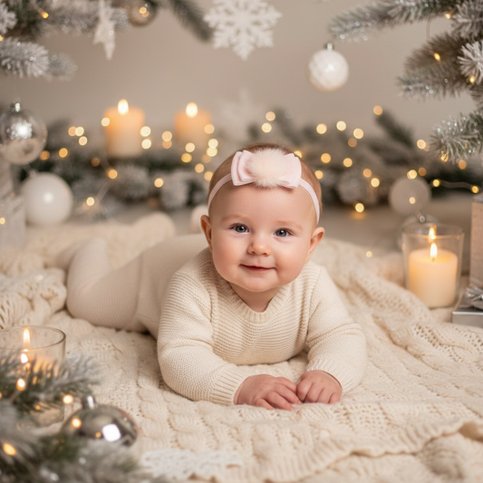 Baby Wearing Velvet Bow Headband Holiday Lifestyle
