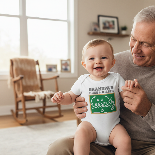 Baby wearing white Grandpa's Hugs & Kisses onesie with football play diagram being held by grandpa