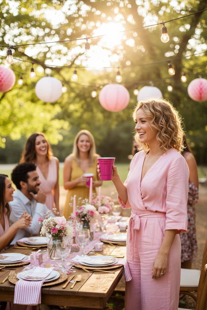 Backyard party scene with pink reusable party cup