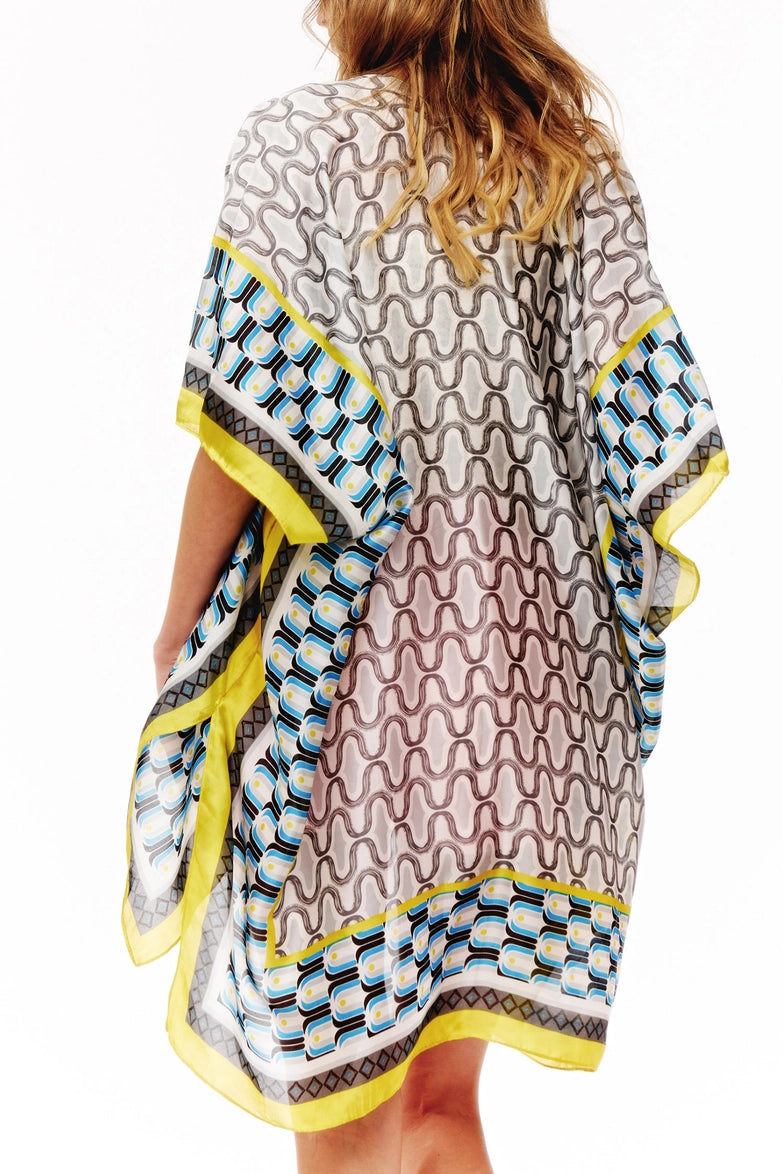 Abstract Geo Print Kimono Cover-Up with Contrast Trim