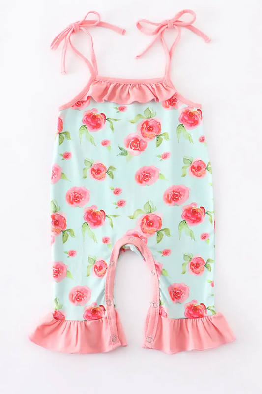Mint green floral baby girl romper with pink rose print and ruffle ankle cuffs - front view