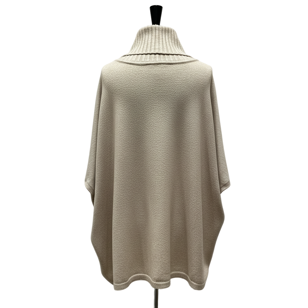 Oatmeal beige turtleneck poncho back view on dress form with luxury editorial studio lighting