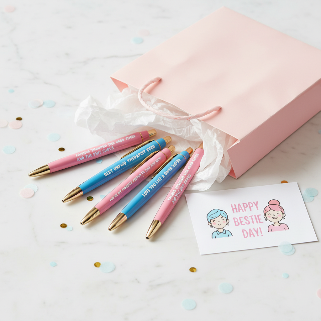 The Besties complete pen set with all five pens styled with gift bag showing best friend gift idea