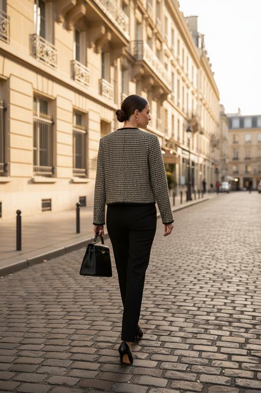 Back view of woman in black and gold lurex tweed cropped blazer walking a Parisian cobblestone street – Beulah boucle jacket styled with black trousers and heels