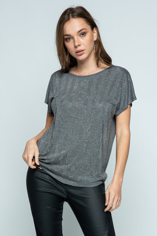 Short Sleeve Charcoal Top w/Stones