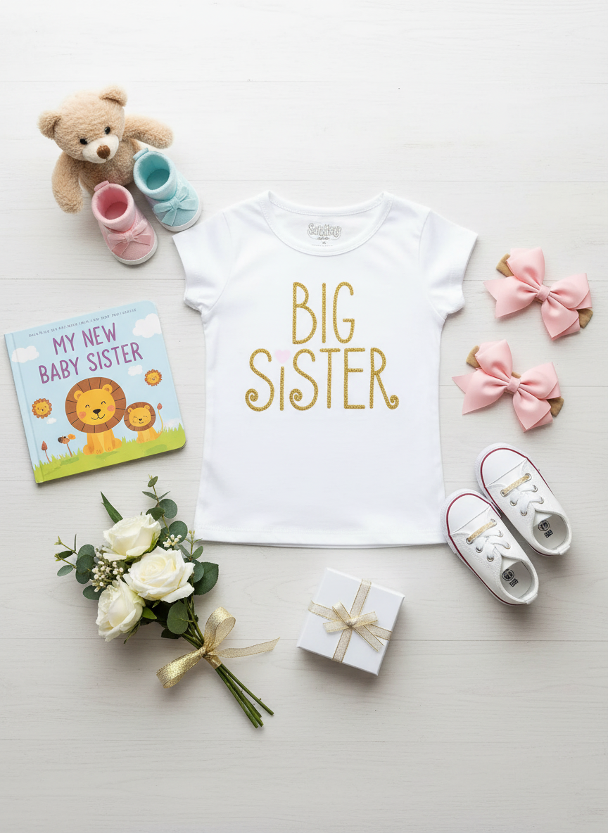 Flat lay of white Big Sister t-shirt with gold glitter lettering styled with teddy bear, baby items, and toddler accessories on white background