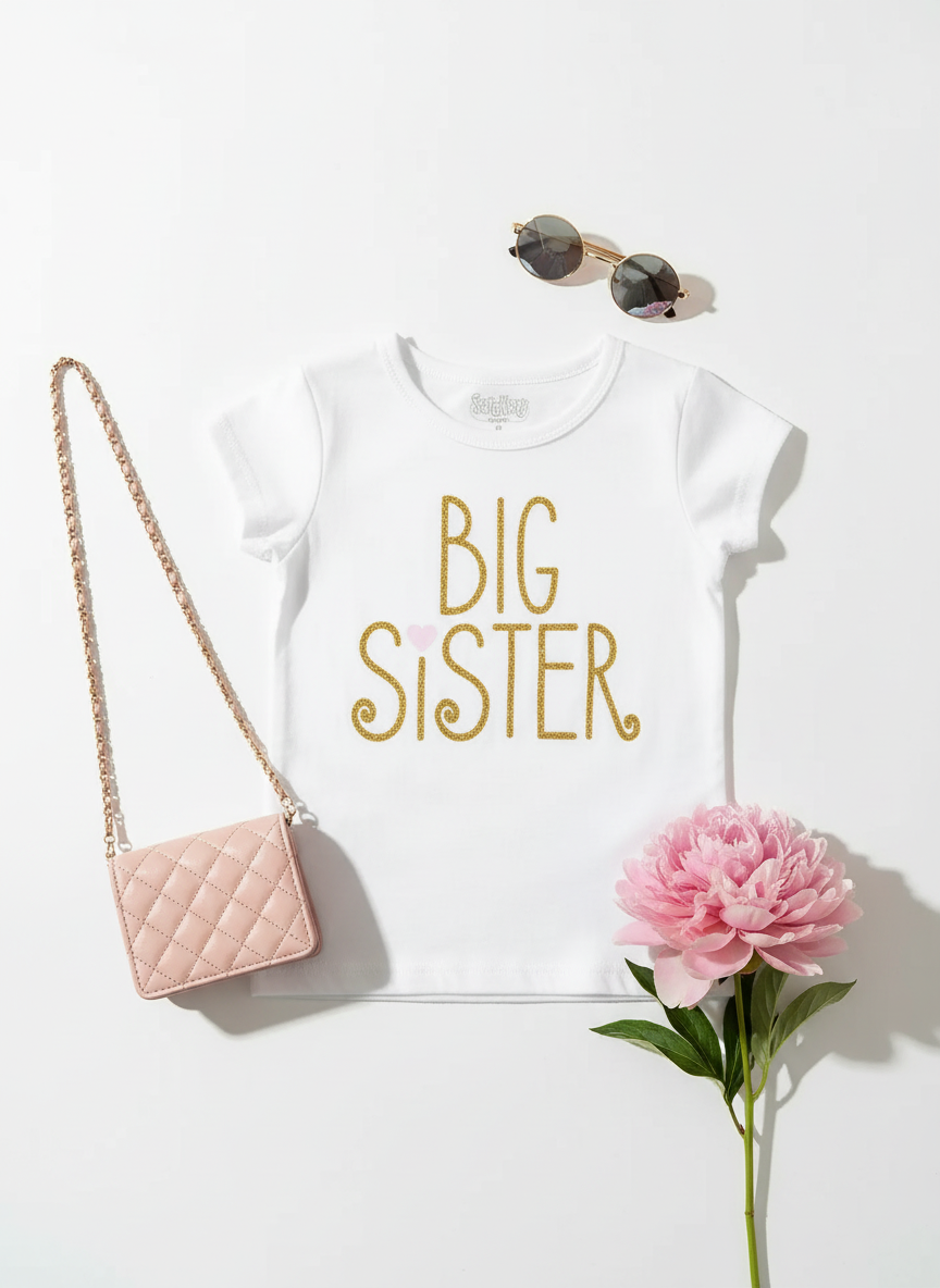 Flat lay of white Big Sister t-shirt with gold letters styled with handbag, sunglasses, and pink flower on white background