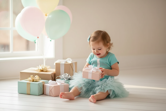 Toddler girl in aqua blue gift-wrapped tutu dress sitting with birthday presents presents