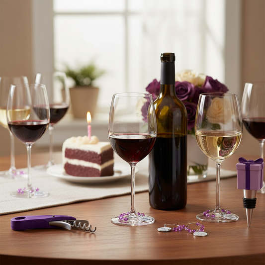 Wine glasses with charms on stems, purple corkscrew, and wine stopper at birthday celebration table setting