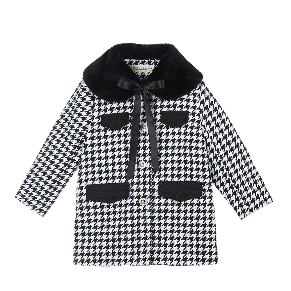 Girls' Faux Fur Collar Houndstooth Coat