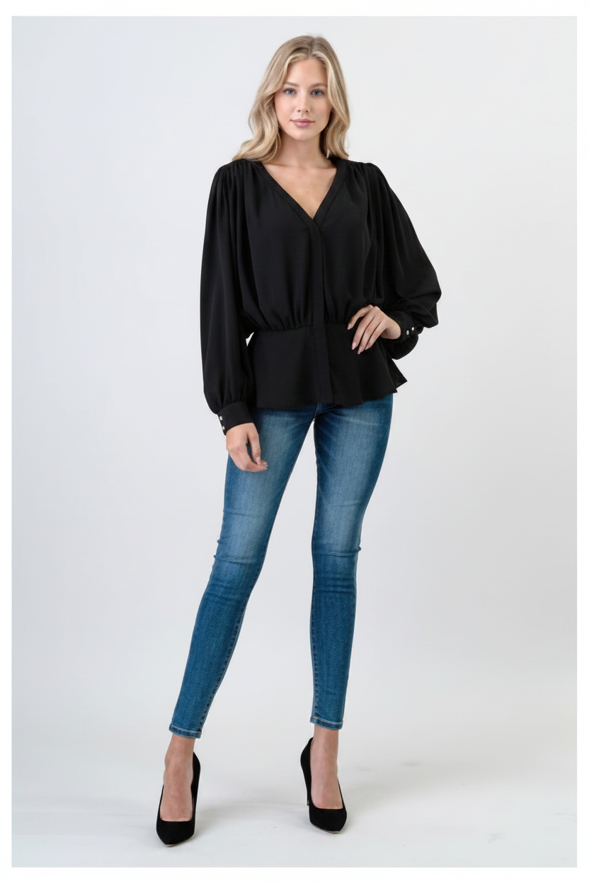 Black Balloon Sleeve Peplum Blouse - Full Length