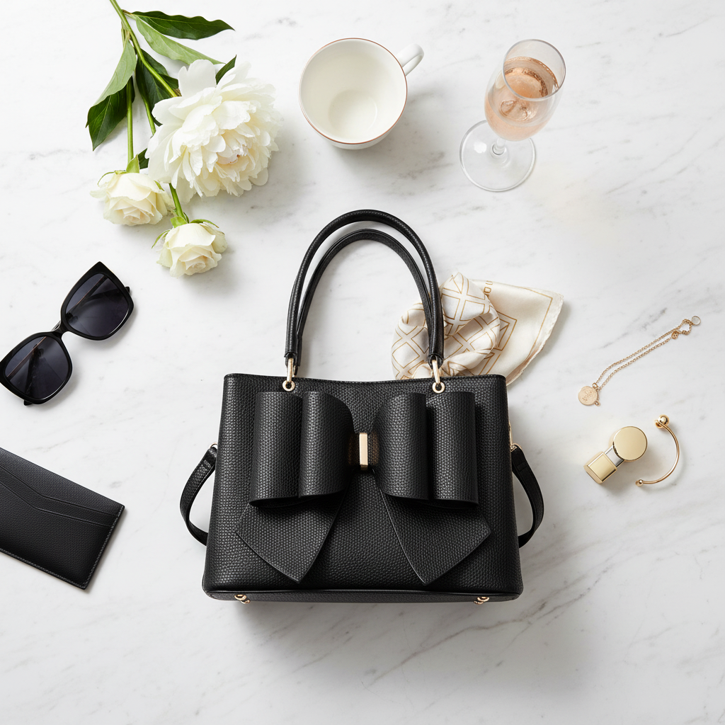 Black Bow Handbag Flat Lay