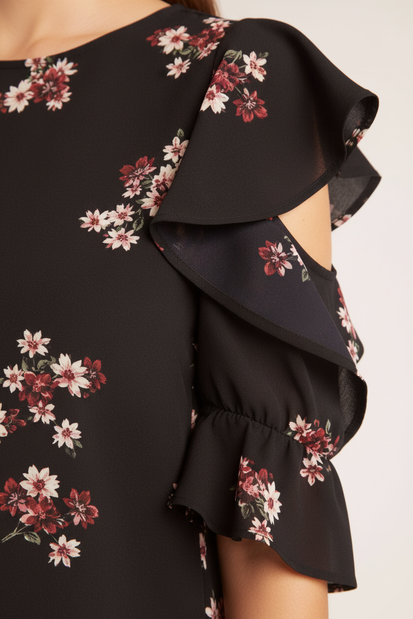 Close-up of black floral ruffle sleeve blouse showing pink floral embroidery and ruffle detail - product detail photography