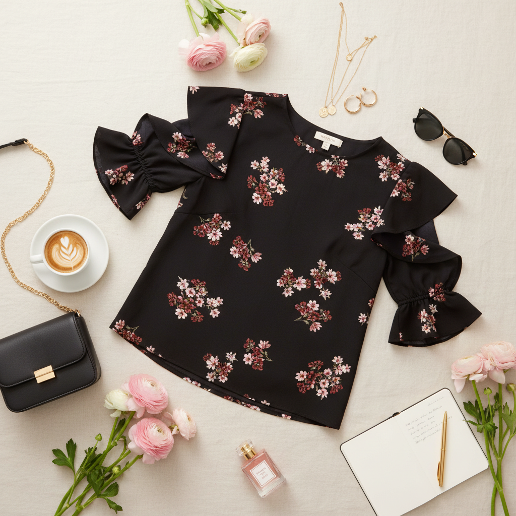 Overhead flat lay of black floral ruffle blouse with accessories and flowers - feminine styling photography