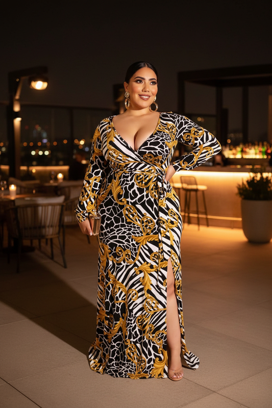 Plus size woman in black & gold baroque animal print wrap maxi dress — glamorous evening look with gold hoop earrings, upscale rooftop setting