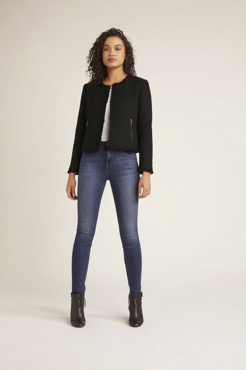 Woman wearing a black tweed jacket