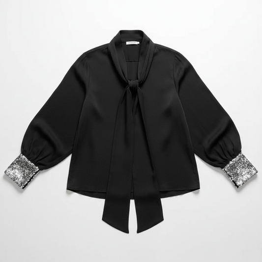 Black sequin cuff tie blouse flat lay - front view with natural sleeve placement