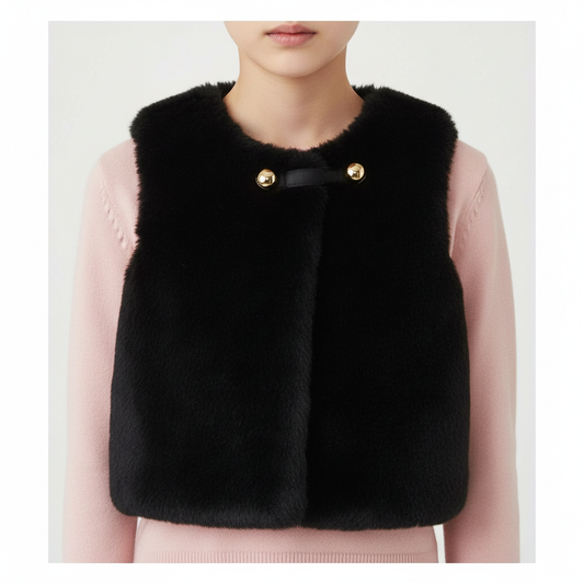 Black faux fur vest with gold button closure styled over pink outfit showing fitted proportions
