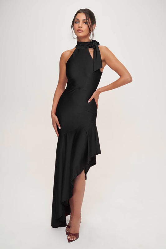 Black Satin High-Low Gown with Neck Tie Detail