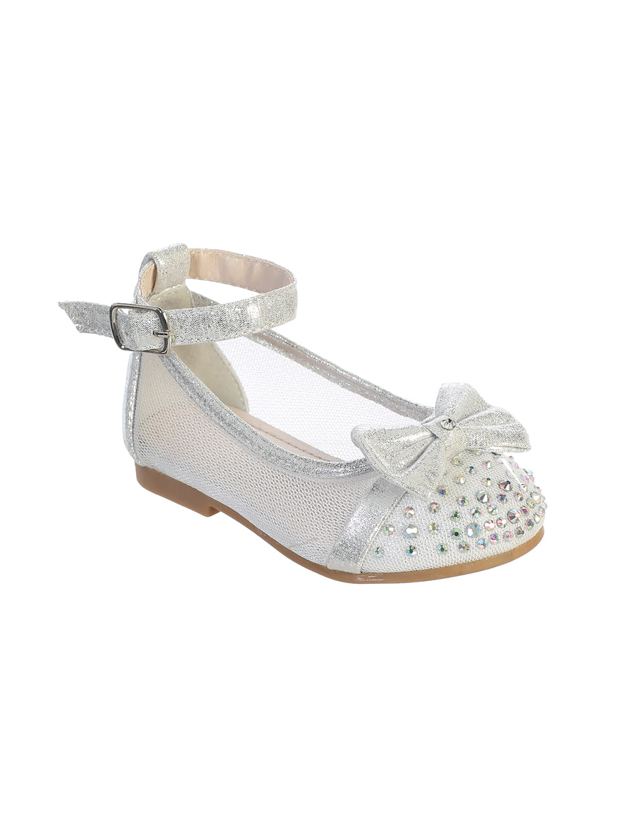 Silver glitter mesh girls' dress shoes with rhinestone bow detail and ankle strap on white background