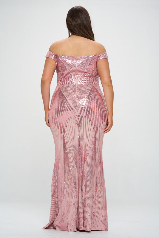 Off-the-Shoulder Mesh Inset Sequin Gown PLUS