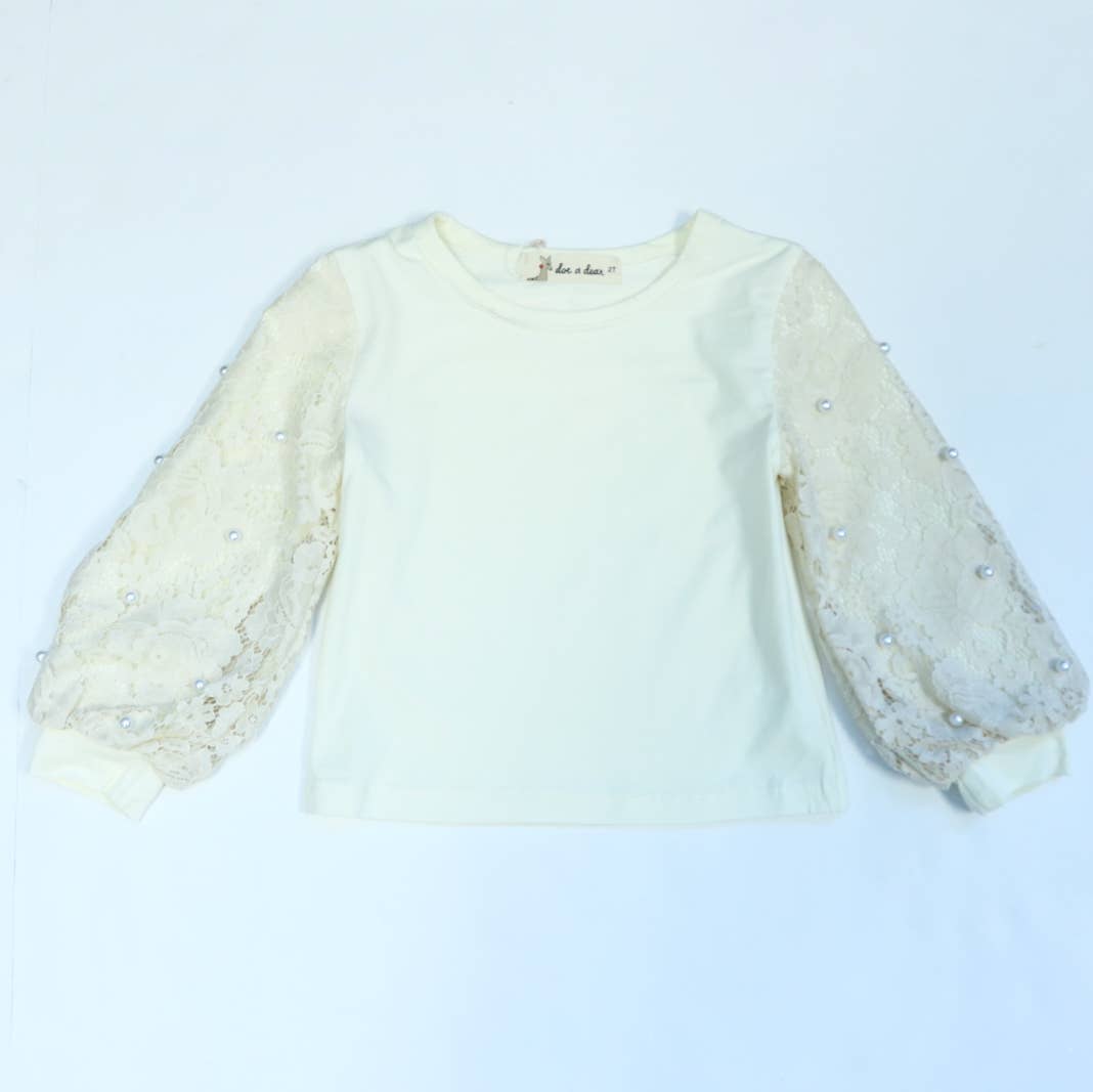 Girls Pearl/Lace Lantern Sleeve Top