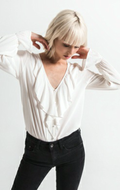 V Neck Ruffle Blouse w/Long Sleeves - White