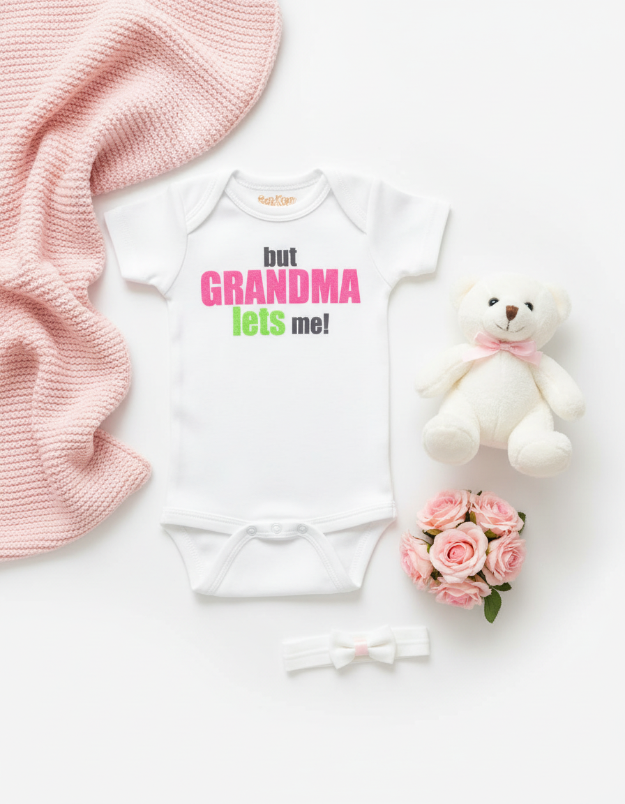 But Grandma Lets Me white baby girl onesie with pink text, styled with pink blanket, teddy bear, and fresh flowers on white background