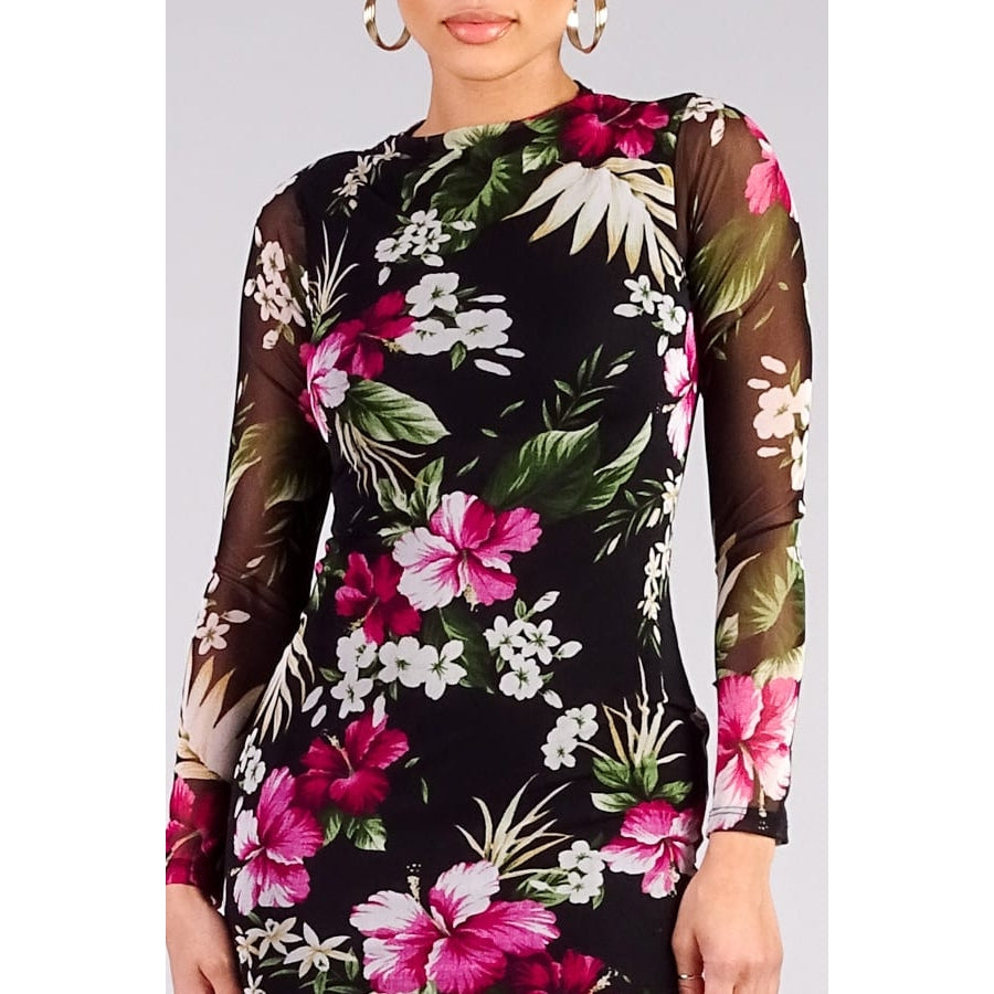 Floral Mesh Print Long Sleeve Mini Dress